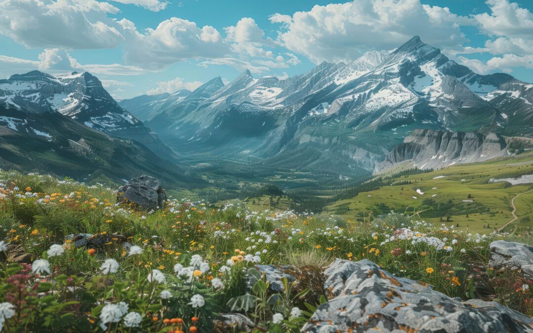A dreamy image of a mountain range with wildflowers, blue sky and mountains with snowcaps in the background