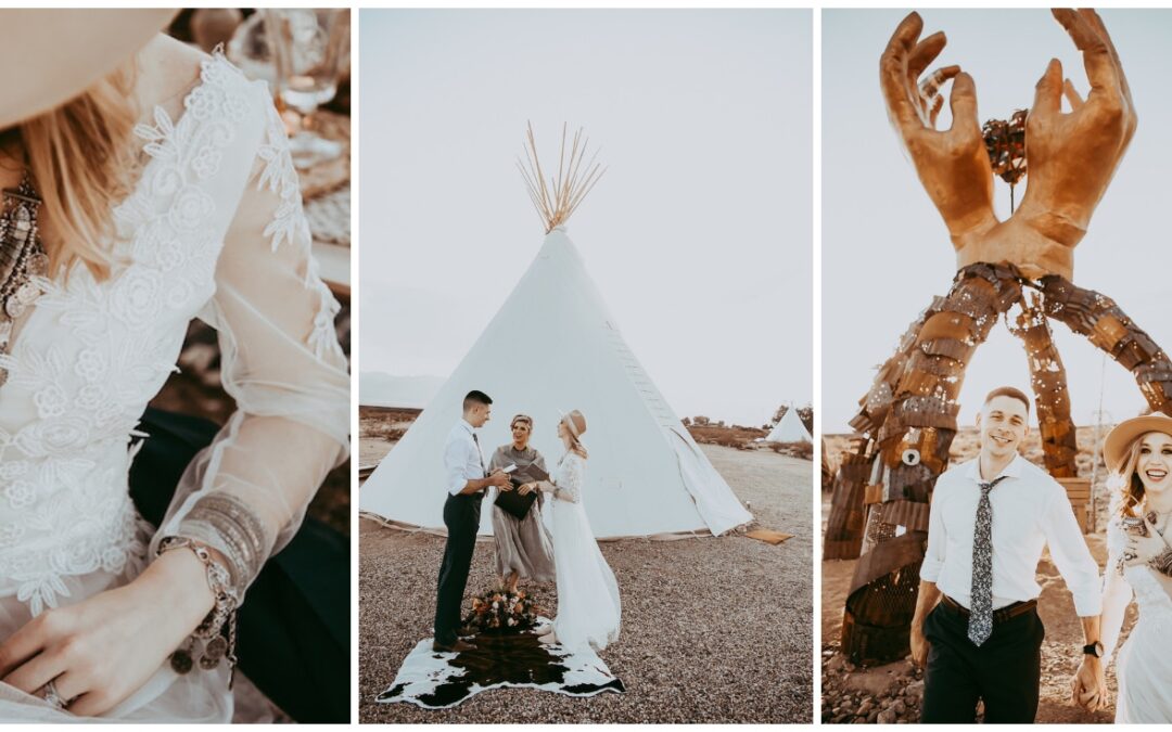 Festival Elopement. Photos of a bride and groom in front of a Burning Man erected art display and a canvas teepee