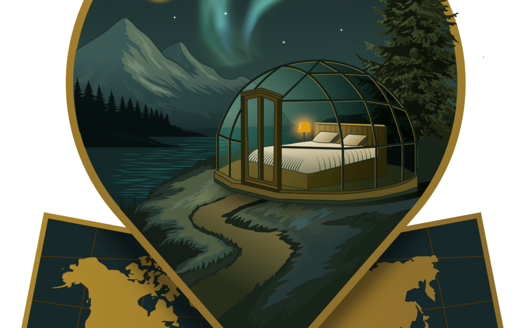 A logo for unique accommodations - Atlas + Wild - the logo is a "pin" with a glass geometric dome placed beside a river, with mountains in the background and the Northern Lights and crescent moon glowing in the sky