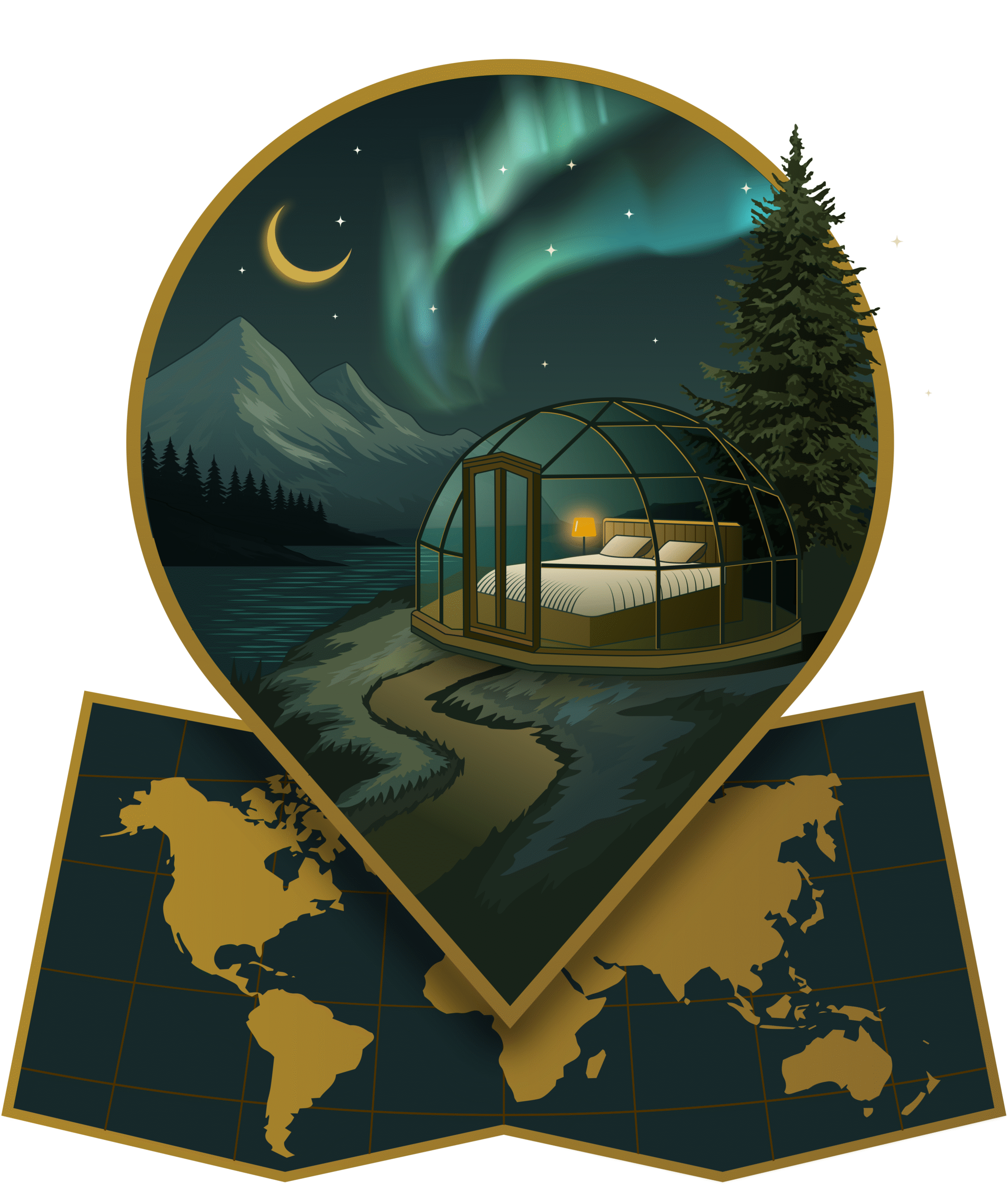 ATLAS + WILD - LOGO A logo for unique accommodations - Atlas + Wild - the logo is a "pin" with a glass geometric dome placed beside a river, with mountains in the background and the Northern Lights and crescent moon glowing in the sky